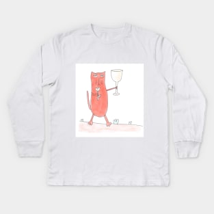 Cat congratulates on the holiday. Celebration, anniversary. Great event. Glass and flower. Watercolor illustration humorous. Humor, fun design modern Kids Long Sleeve T-Shirt